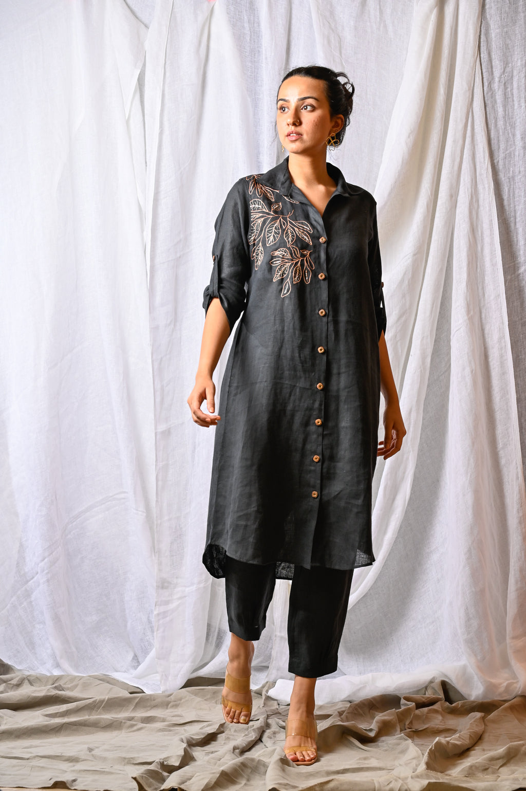 Midnight Foliage Linen Kurta Set