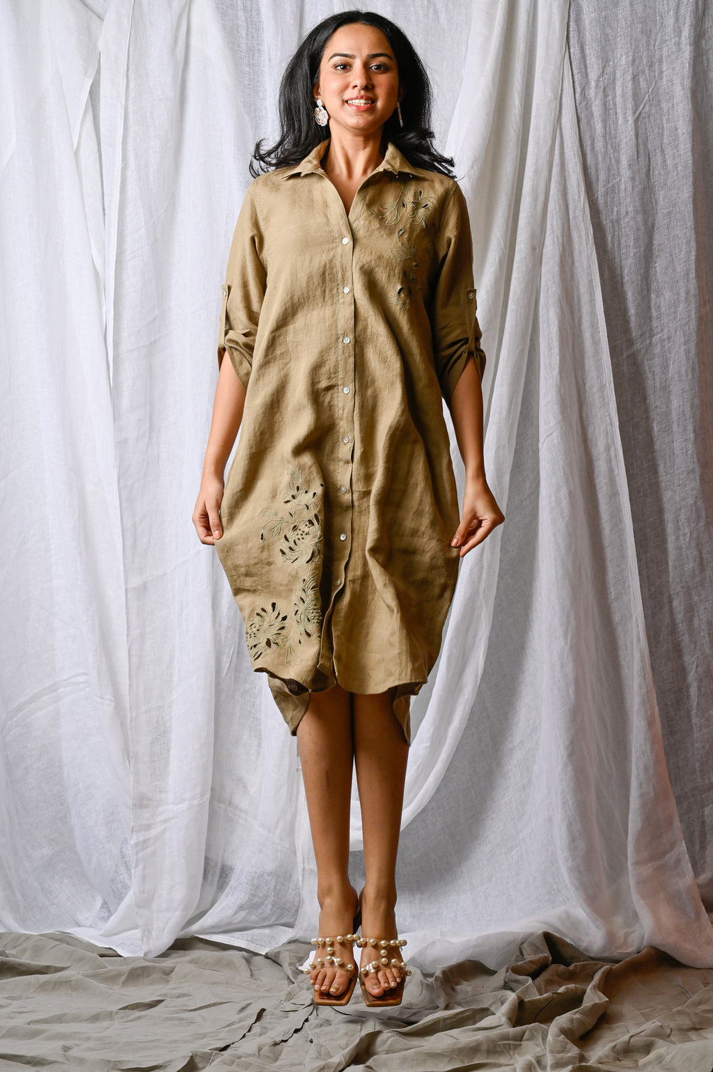 Olive Meadow Linen Shirt Dress