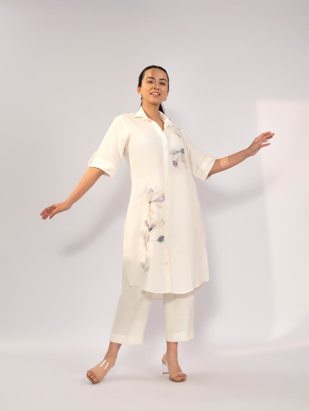 Ivory Bloom Linen Shirt Co-Ord Set