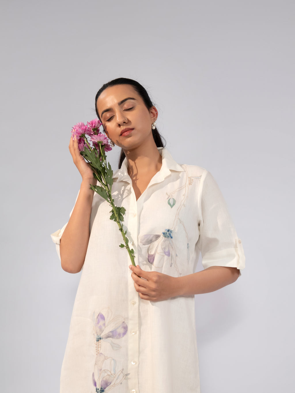 Ivory Blossom Linen Shirt Dress