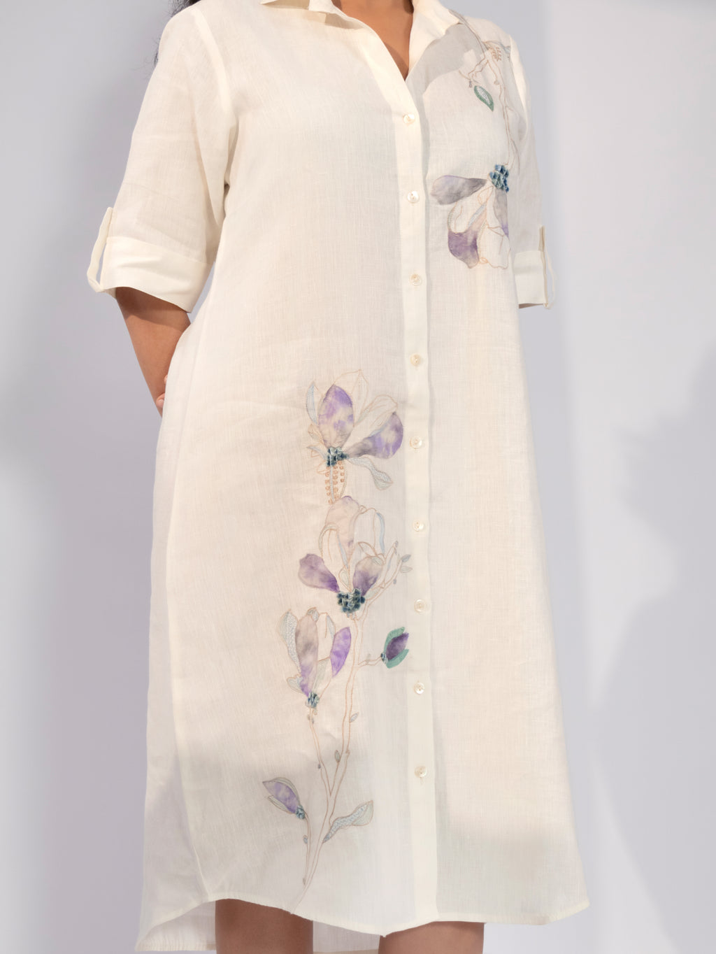 Ivory Blossom Linen Shirt Dress