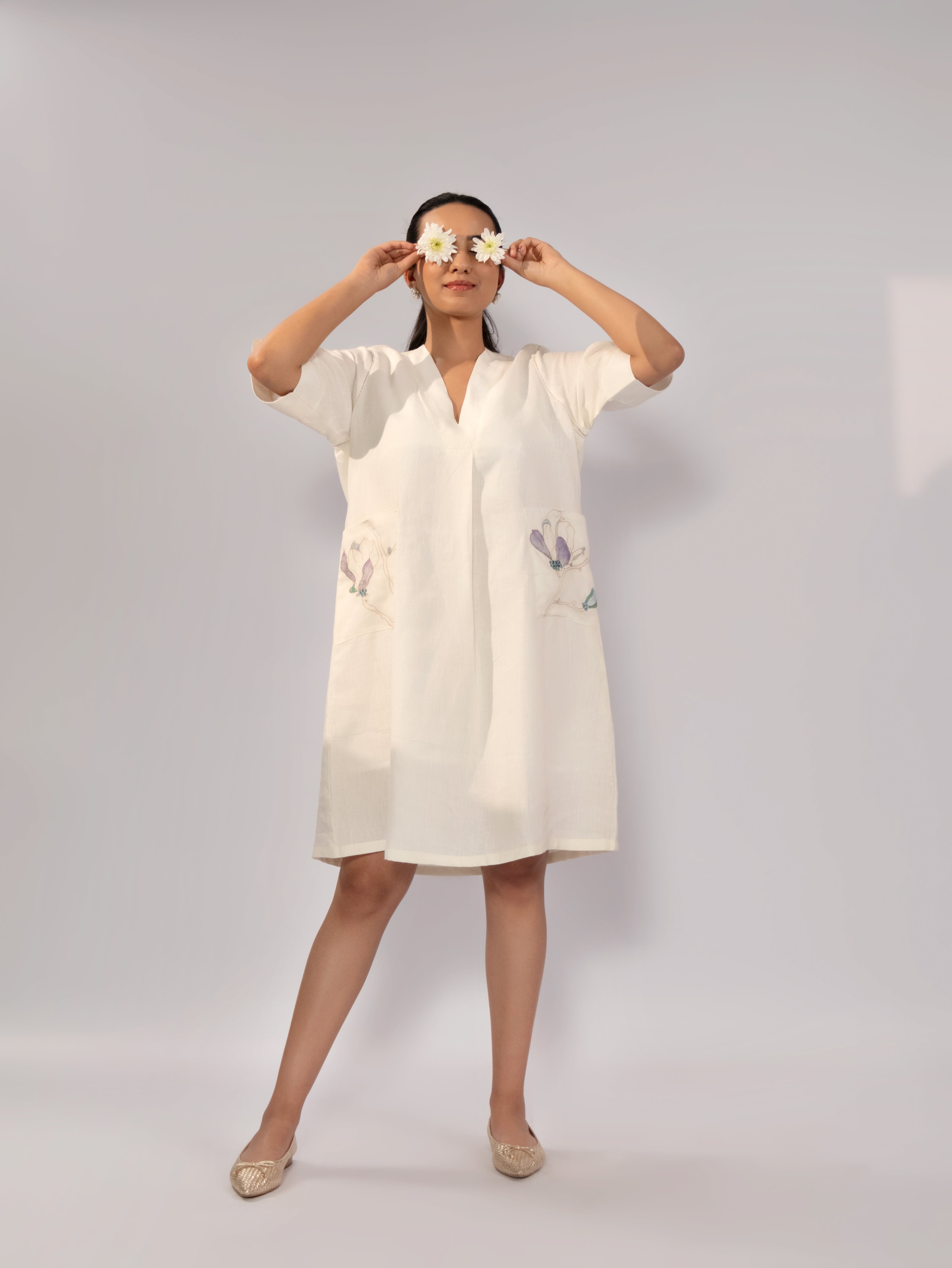 Ivory Meadow Linen Pocket Dress