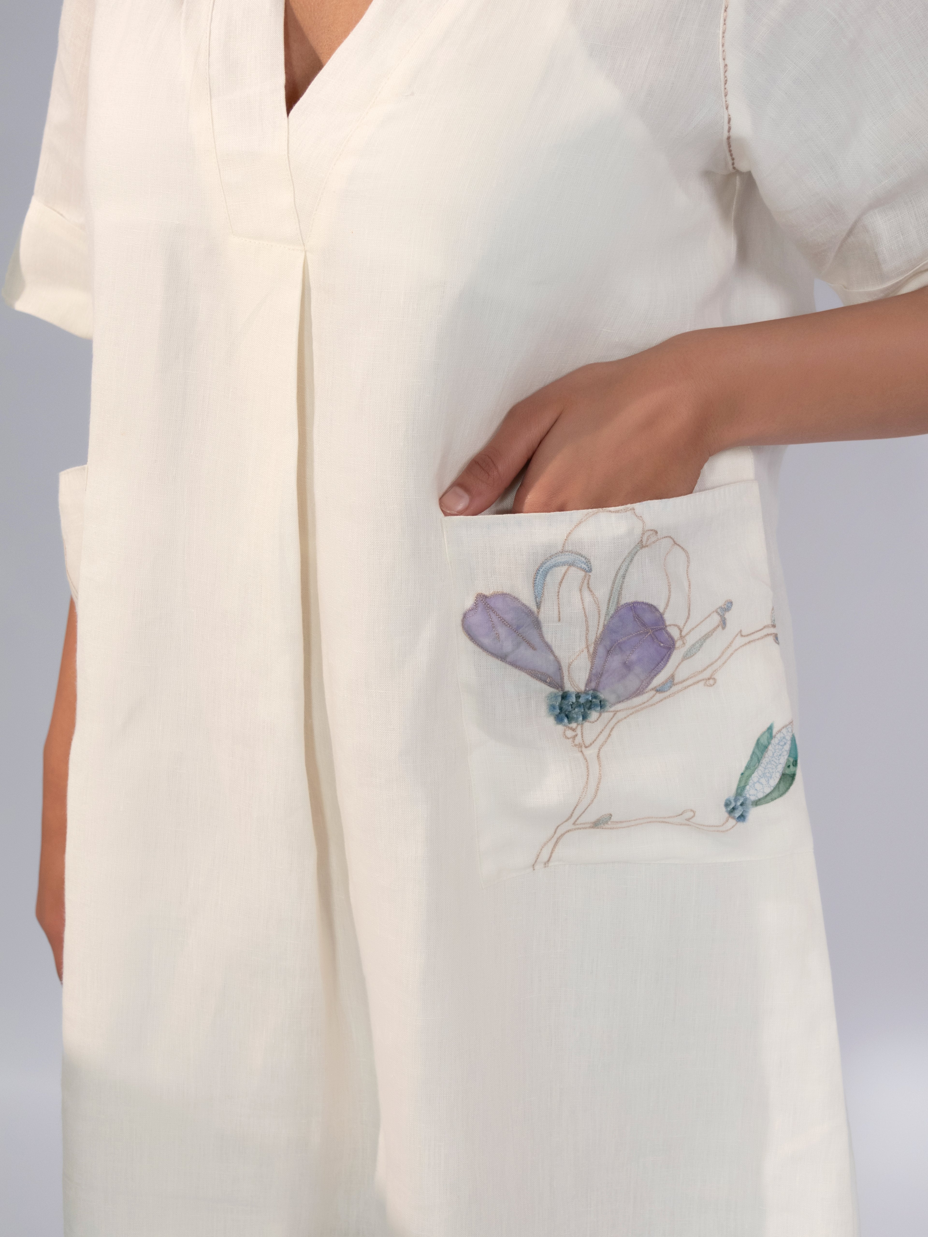 Ivory Meadow Linen Pocket Dress
