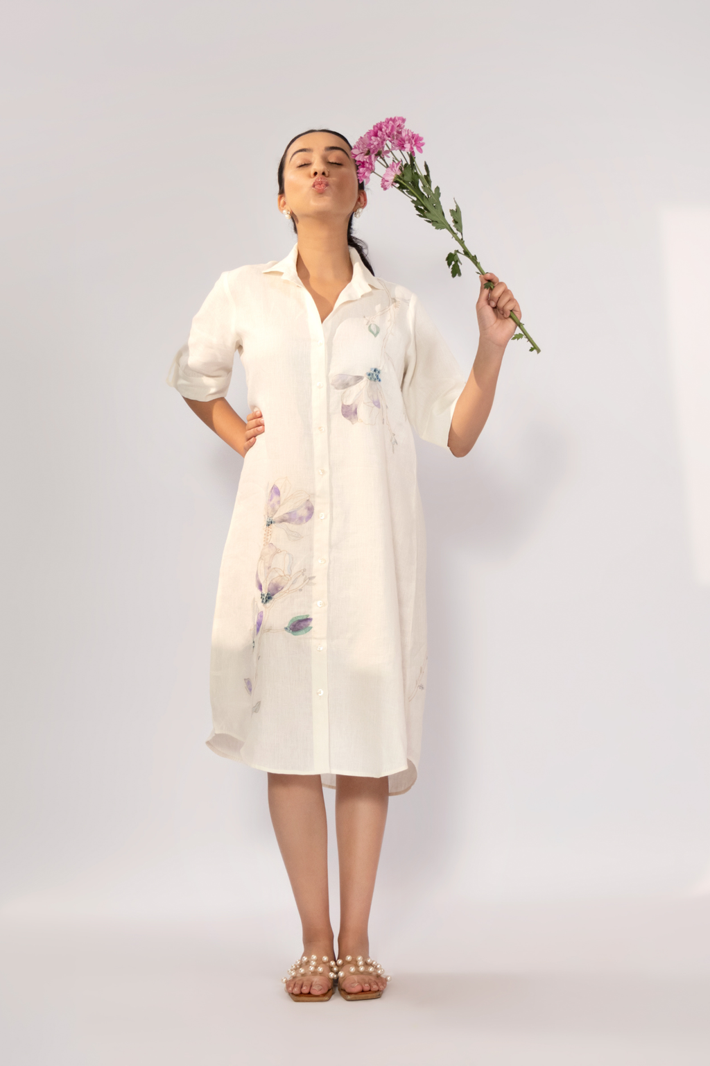 Ivory Blossom Linen Shirt Dress