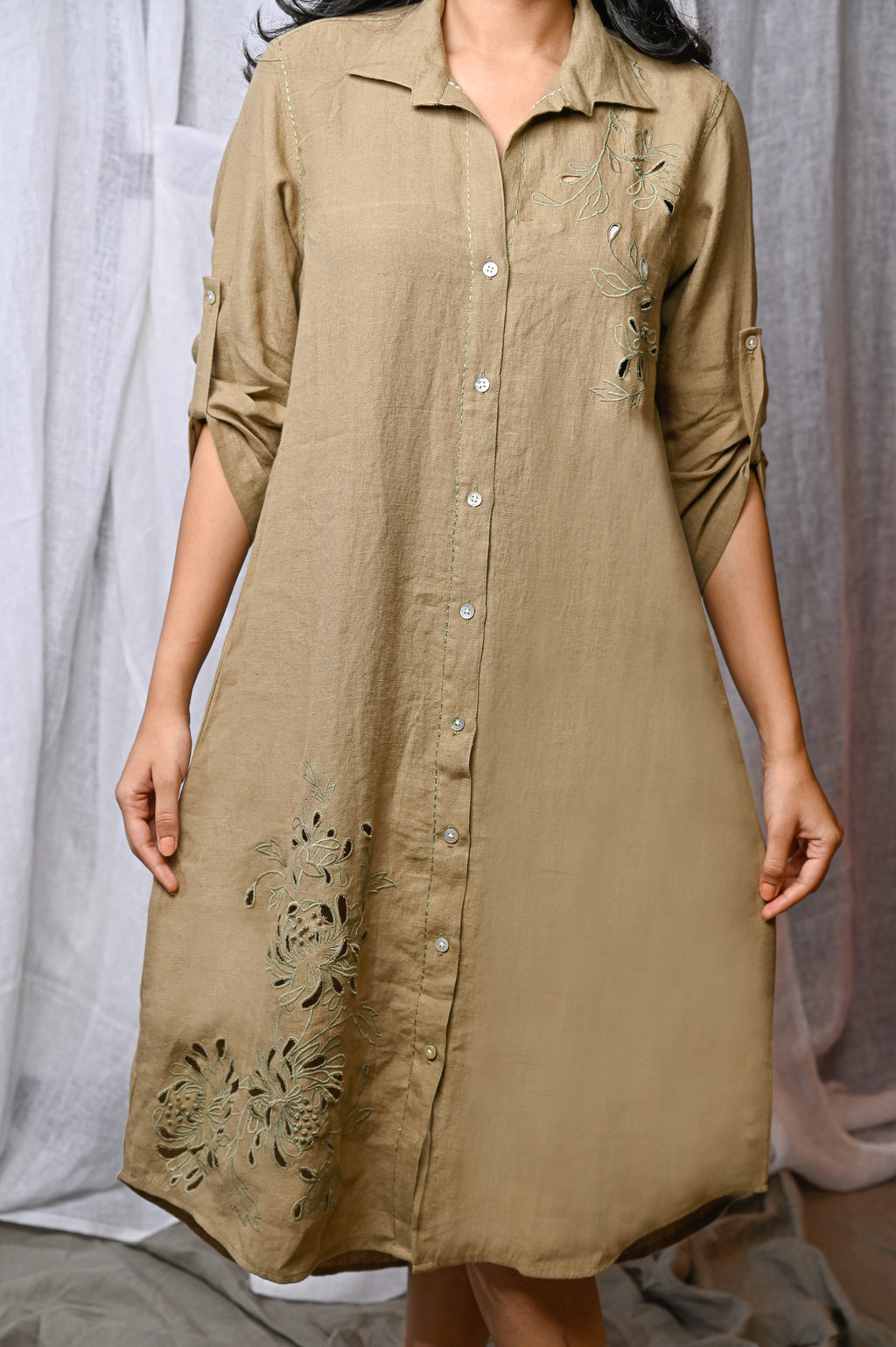 Olive Meadow Linen Shirt Dress