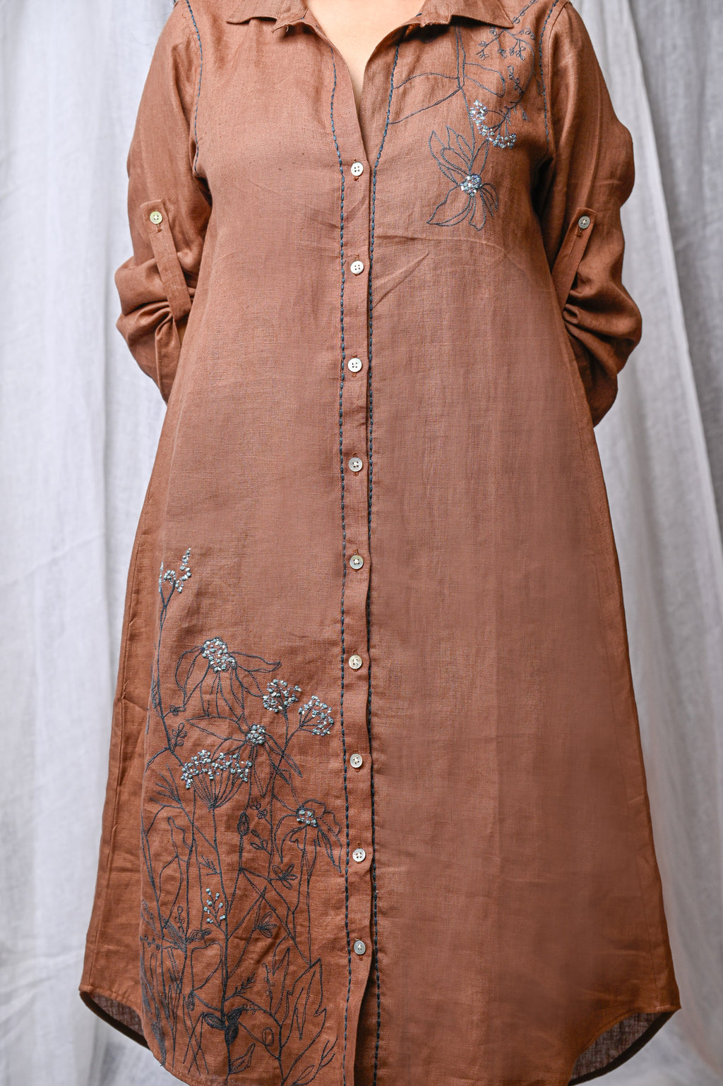 Rust Bloom Linen Shirt Dress